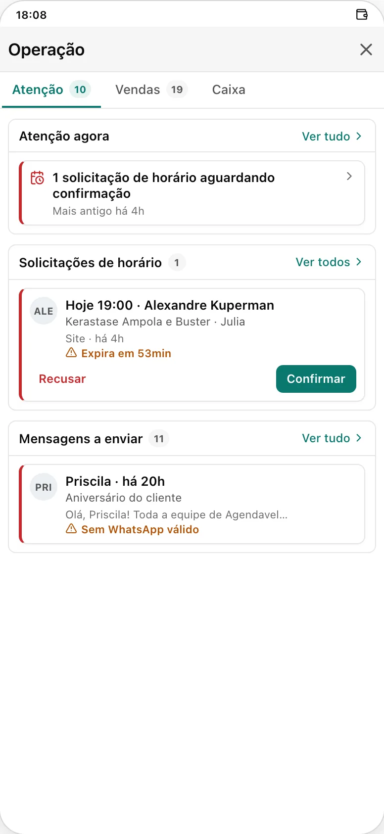 Celular com a tela O que fazer hoje do Agendável: pedidos de horário e mensagens prontas para enviar